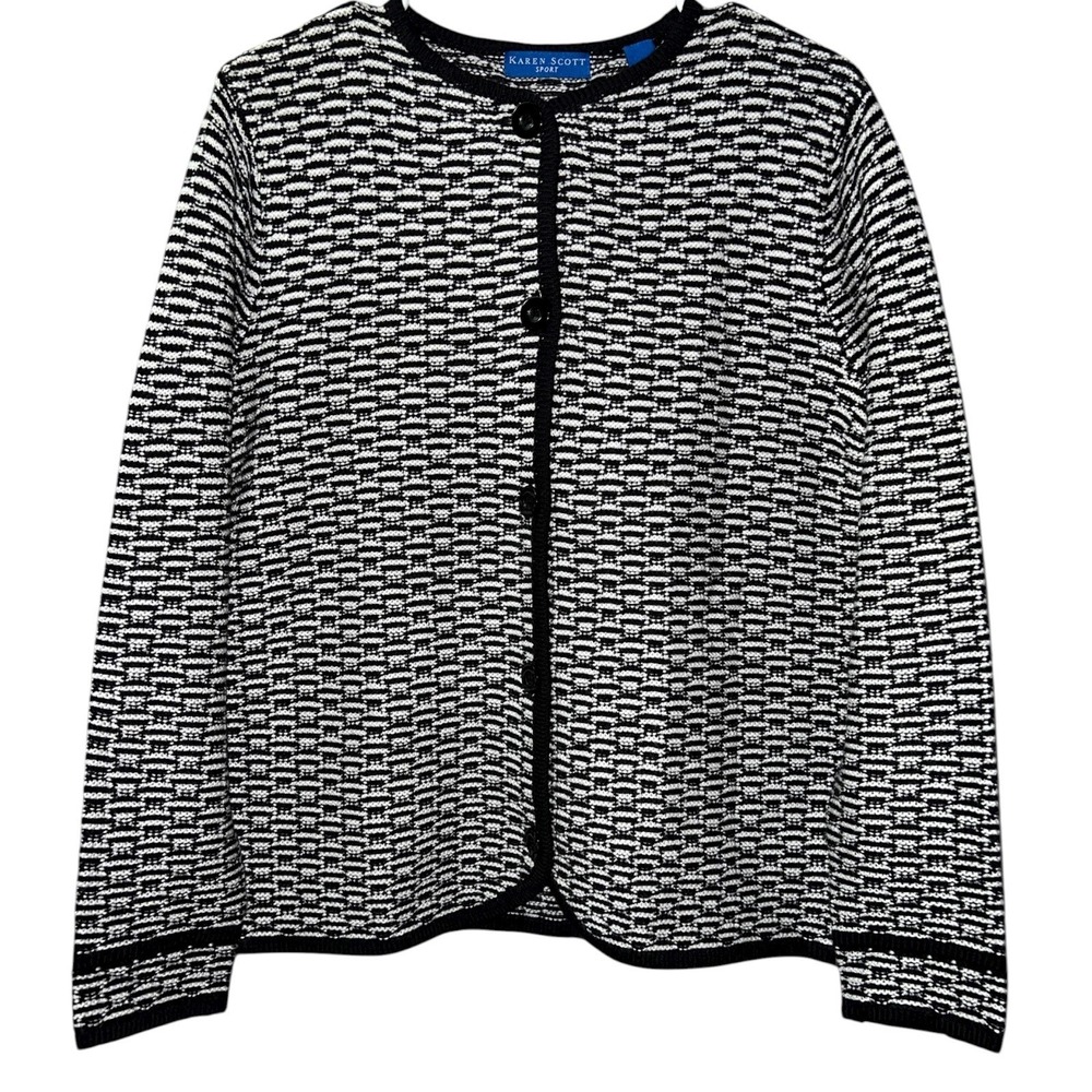 Karen Scott Sport Womens Small Black White Textured Knit‎ Button Front Cardigan